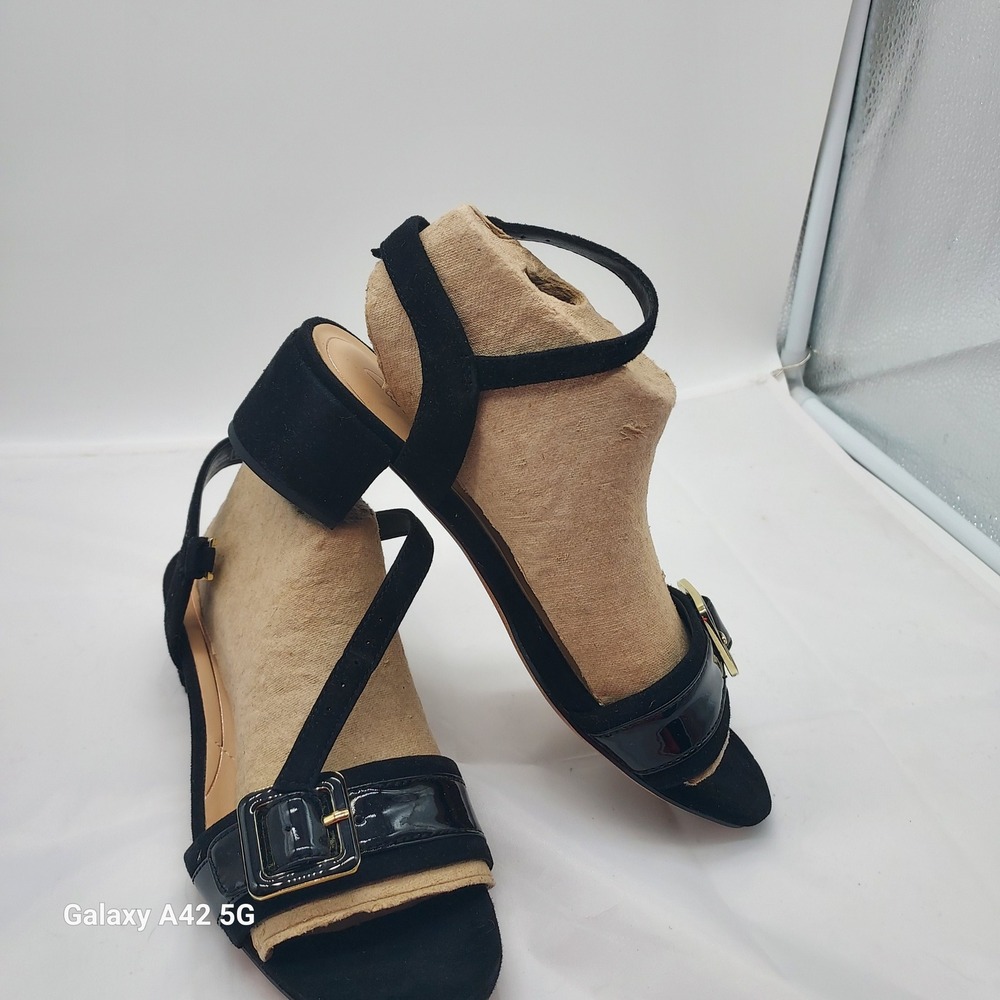 Clarks Orabella Shine Black Combi Block Heel Ankle Strap Sandals Shoe Women US 6